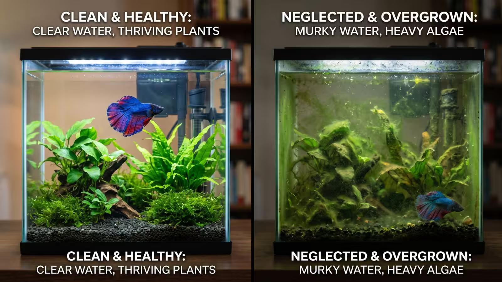 Healthy versus algae-infested aquarium comparison