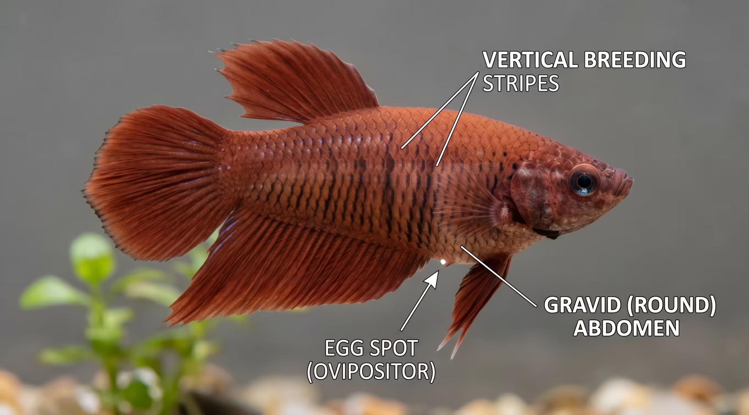 Close-up portrait of female betta fish showing breeding condition with visible egg spot, vertical stripes, and rounded belly highlighted.