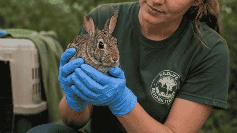 Wildlife rehabilitator holding injured rabbit