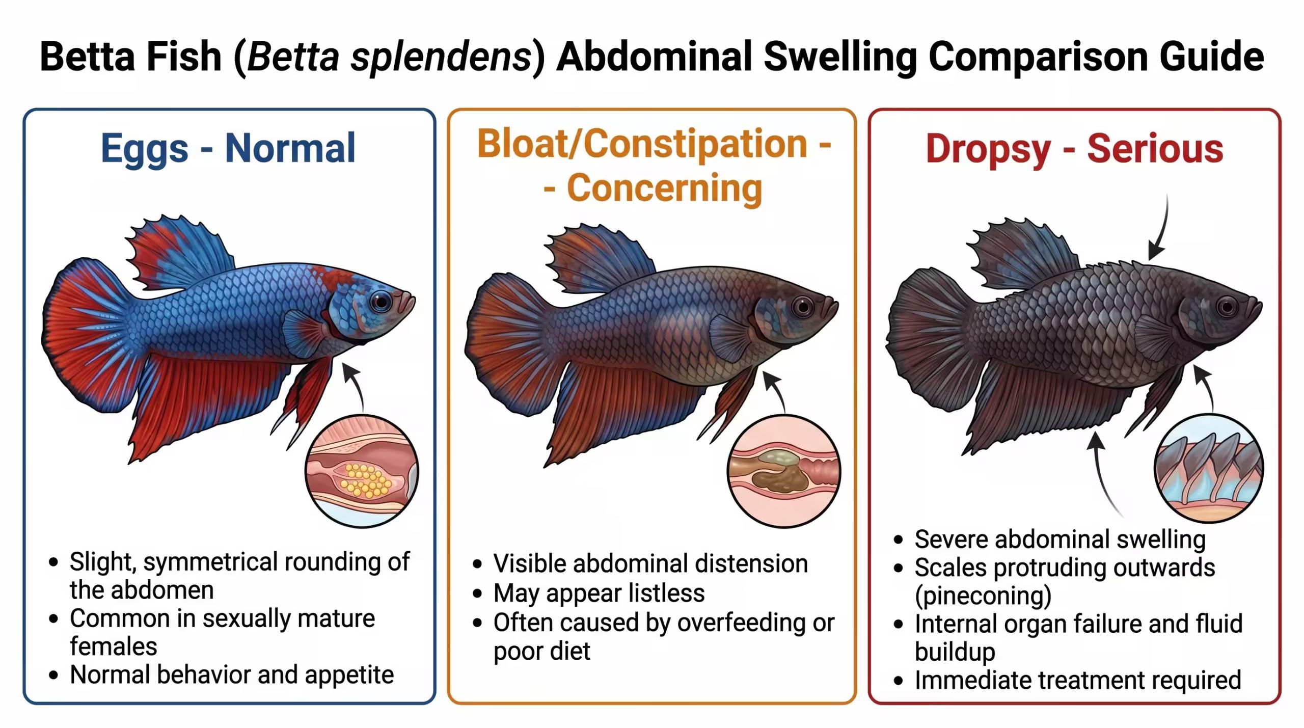 Three-fish comparison diagram showing healthy egg-carrying female betta versus bloated betta versus dropsy-affected betta with visible scale symptoms.