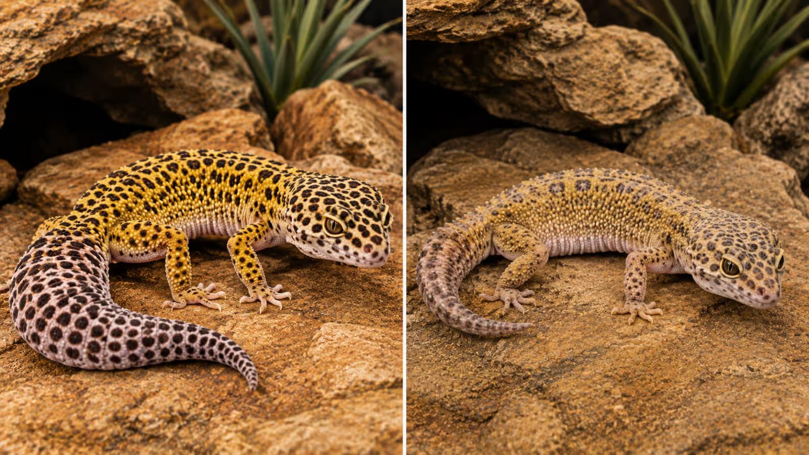 Older leopard gecko resting calmly on natural substrate