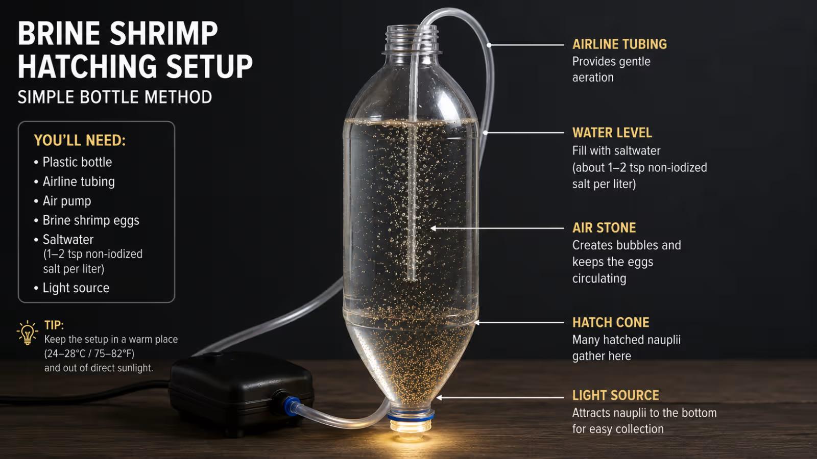 Brine shrimp hatching setup - DIY bottle and airline tube hatch cone for producing baby brine shrimp at home