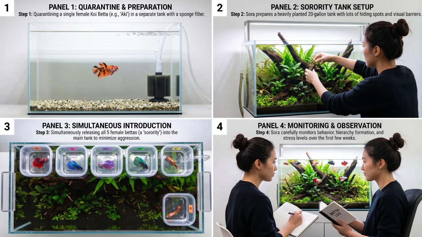Four-panel instructional guide showing the betta introduction process: quarantine tank, prepared main tank with plants, simultaneous fish introduction, and daily monitoring observation