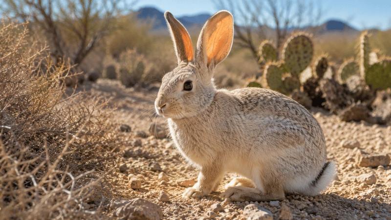 Desert cottontail rabbit in arid landscape with pale fur