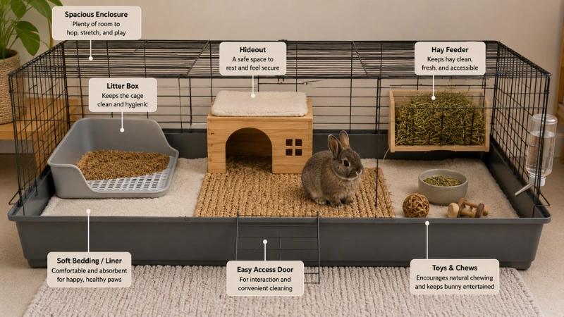Proper indoor cage setup for a dwarf bunny with hideout, litter box, hay feeder