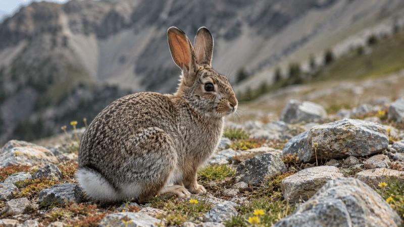 Mountain cottontail rabbit in rocky alpine terrain