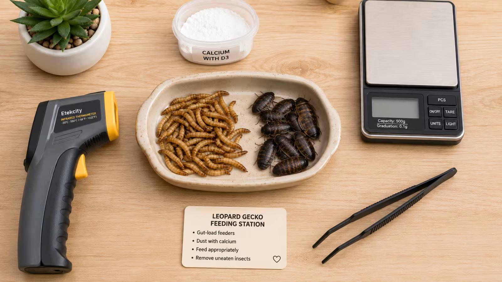 Well-organized leopard gecko feeding setup with feeder insects and supplements