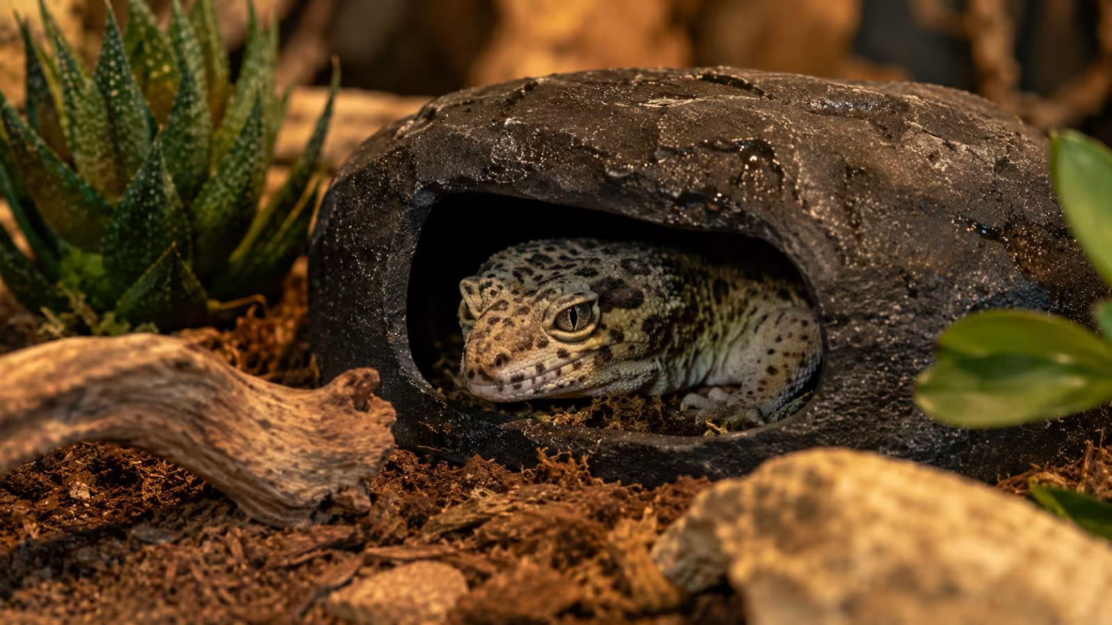 Leopard gecko resting inside a terrarium hide