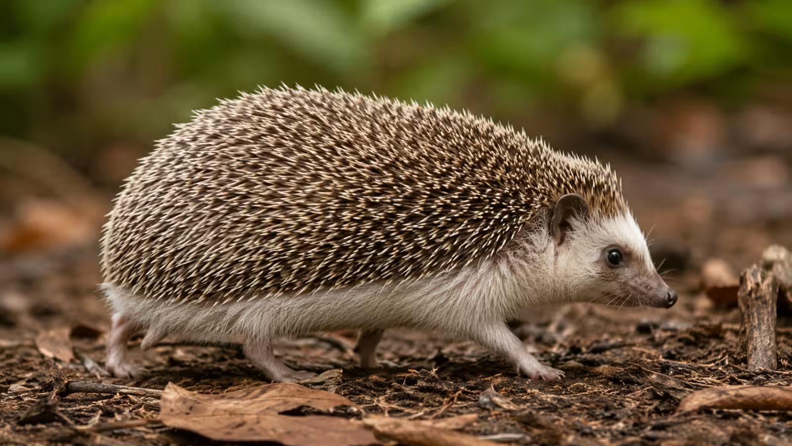 Side profile of a hedgehog walking with its short tail barely visible