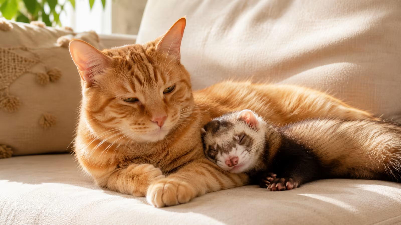 A relaxed cat and a calm ferret resting near each other