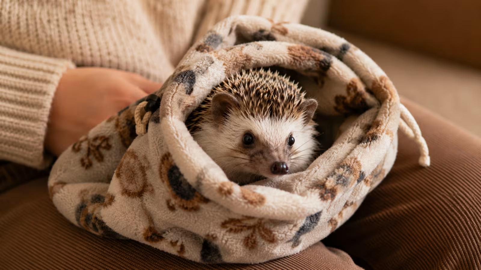 Hedgehog resting inside a soft bonding pouch