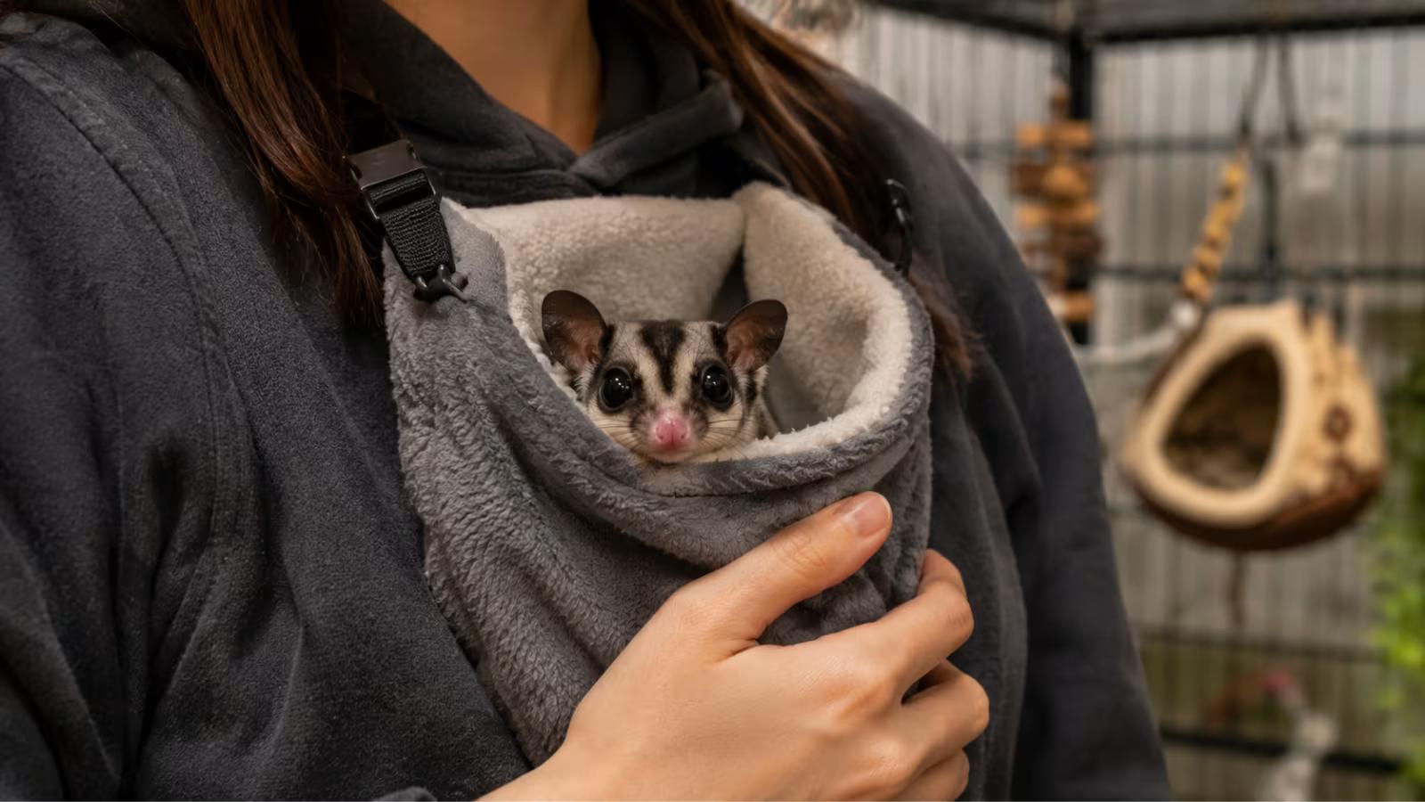 Person holding bonding pouch with sugar glider peeking out