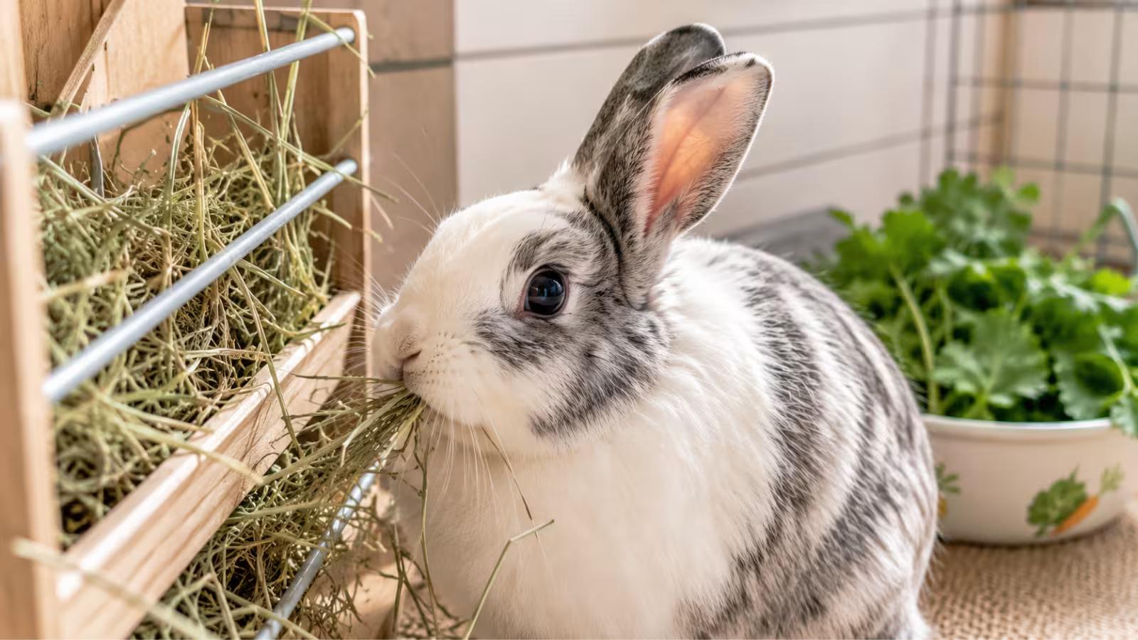 Rabbit eating fresh hay indoors
