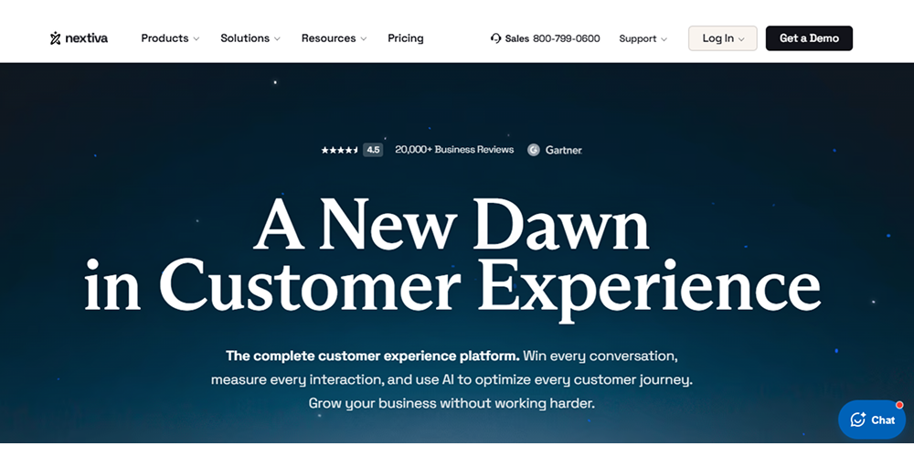 Nextiva homepage image showing unified customer experience platform, demo CTAs, support options, and growth themes.