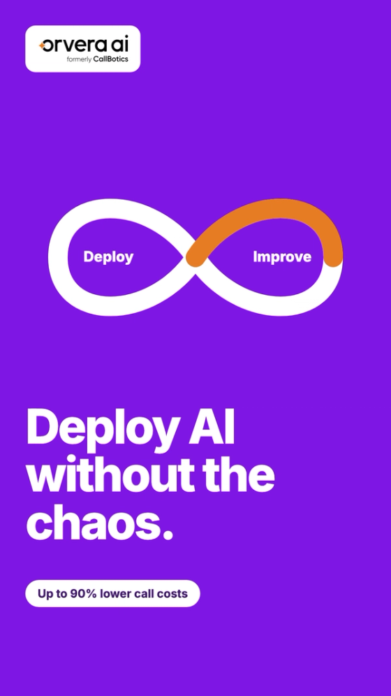 Vertical Orvera AI thumbnail with the headline "Deploy AI without the chaos." and a white and orange infinity loop labelled Deploy and Improve on a purple background.