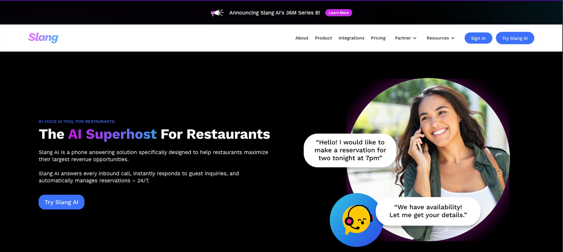Slang.ai AI phone answering platform for restaurants showing automated reservation handling, guest inquiries, availability checks, and 24/7 customer call support.