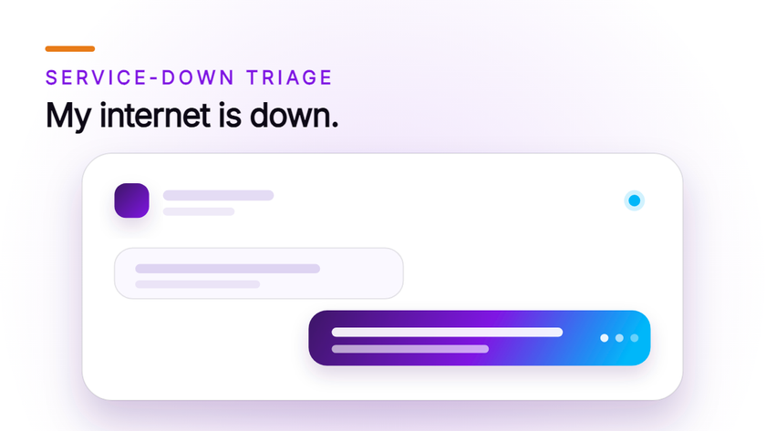 Orvera cover artwork showing two chat bubbles, the lower one filled with the brand gradient, under the caller line My internet is down.