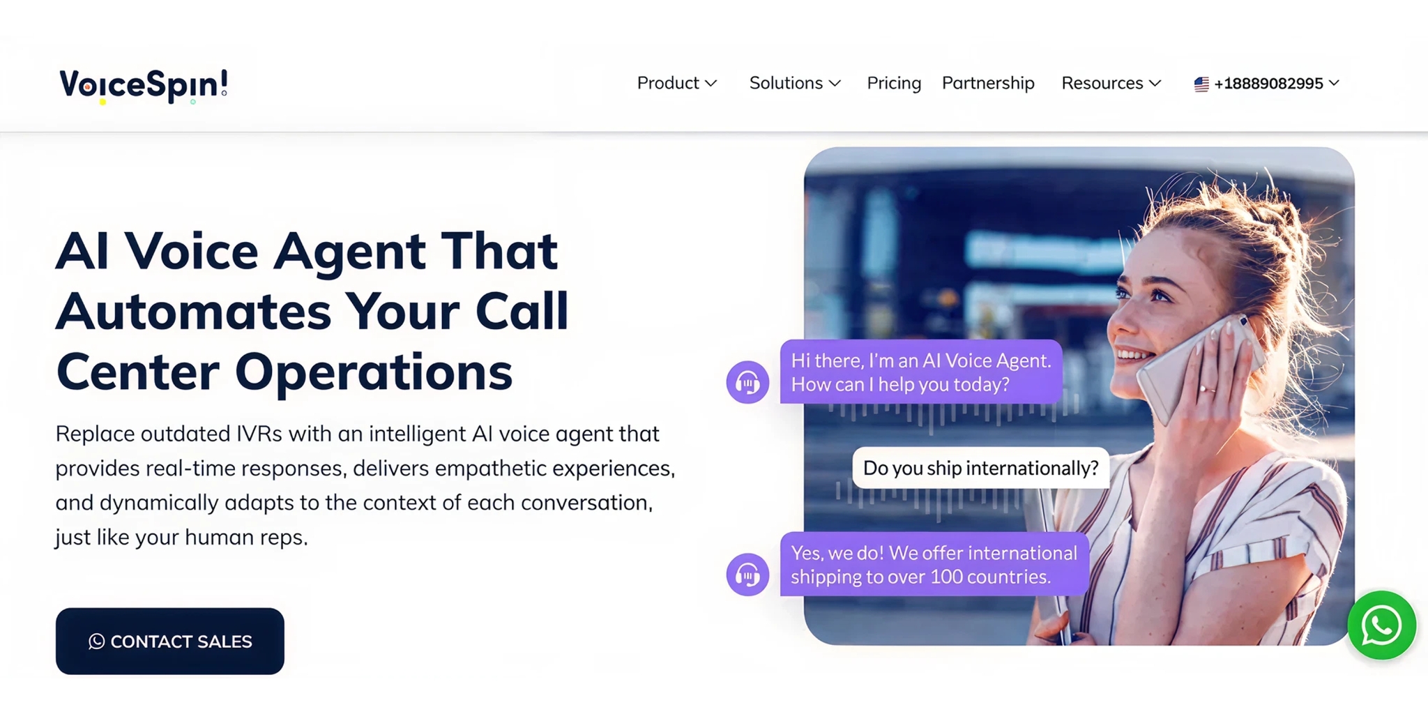 VoiceSpin AI voice agent platform homepage focused on automating call center operations with conversational AI and customer support automation.