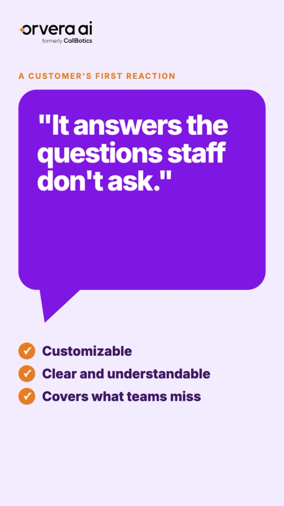 Vertical Orvera AI thumbnail with a large purple speech balloon reading "It answers the questions staff don't ask." and three checkmarked points.