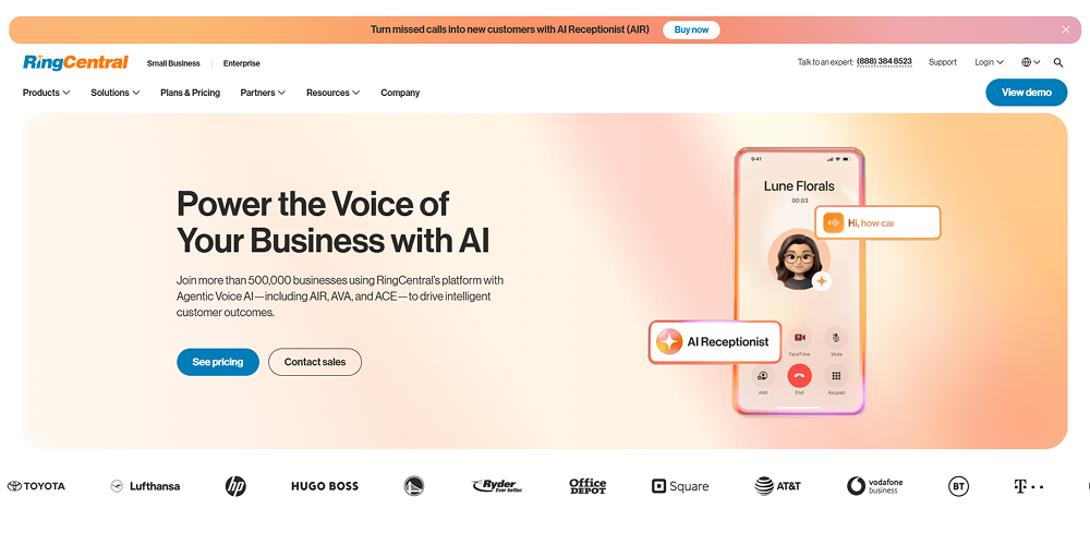 RingCentral homepage showing AI receptionist voice platform messaging, mobile call interface, CTAs, and enterprise customer logos.