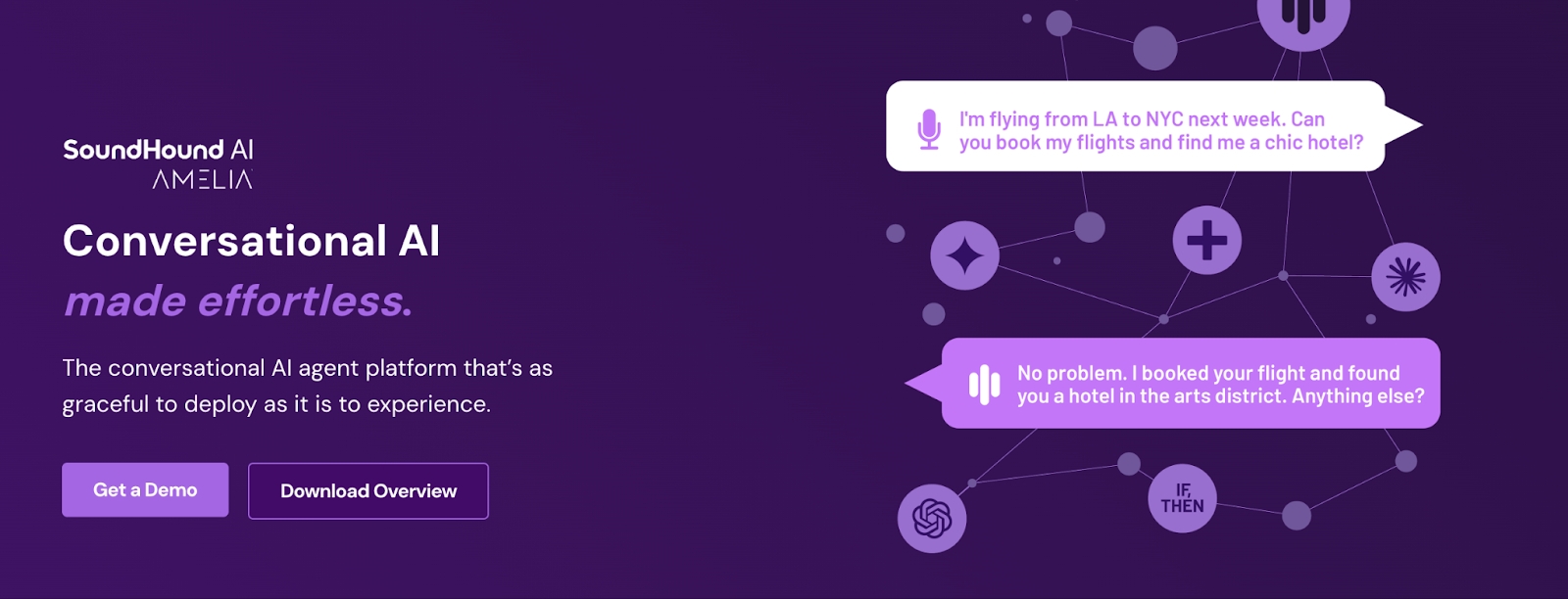 Amelia homepage screenshot showing enterprise conversational AI for customer support, internal workflows, and service automation.