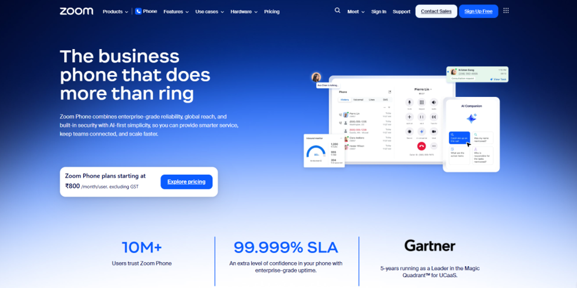 Zoom Phone homepage showing business phone platform messaging, AI Companion, pricing CTA, uptime SLA, and Gartner trust signals.