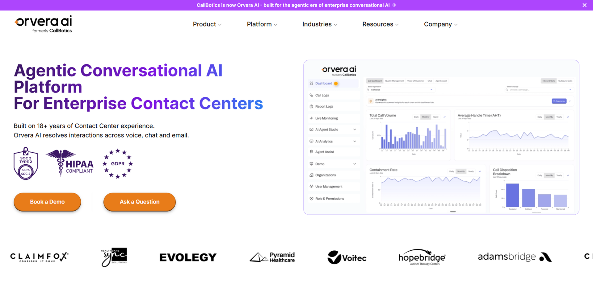 Orvera AI homepage showcasing an agentic conversational AI platform for enterprise contact centers with analytics and compliance.