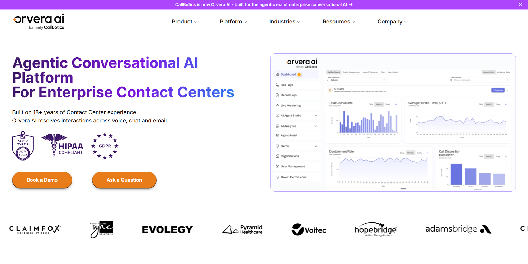 Orvera AI homepage showcasing an agentic conversational AI platform for enterprise contact centers with analytics and compliance.