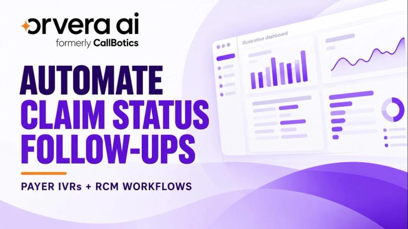 Automate Claim Status Follow-Ups headline with an illustrative analytics dashboard, labelled Payer IVRs plus RCM Workflows, under the Orvera AI logo.