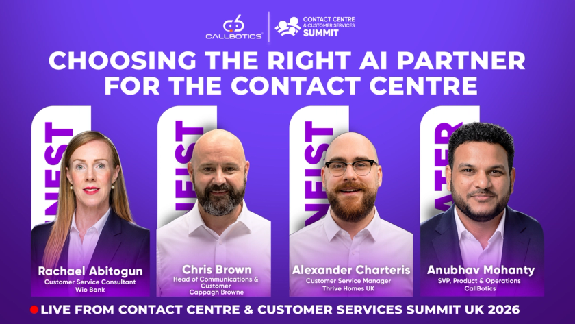 Anubhav Mohanty of CallBotics moderates a live panel at CCCS London 2026 with Alexander Charteris of Thrive Homes, Chris Brown of Cappagh Browne Utilities, and Rachael Abitogun of Wio Bank, discussing how contact centre leaders should evaluate AI partners, measure pilot performance, balance automation with customer experience, manage multiple vendors, and choose suitable commercial models.
