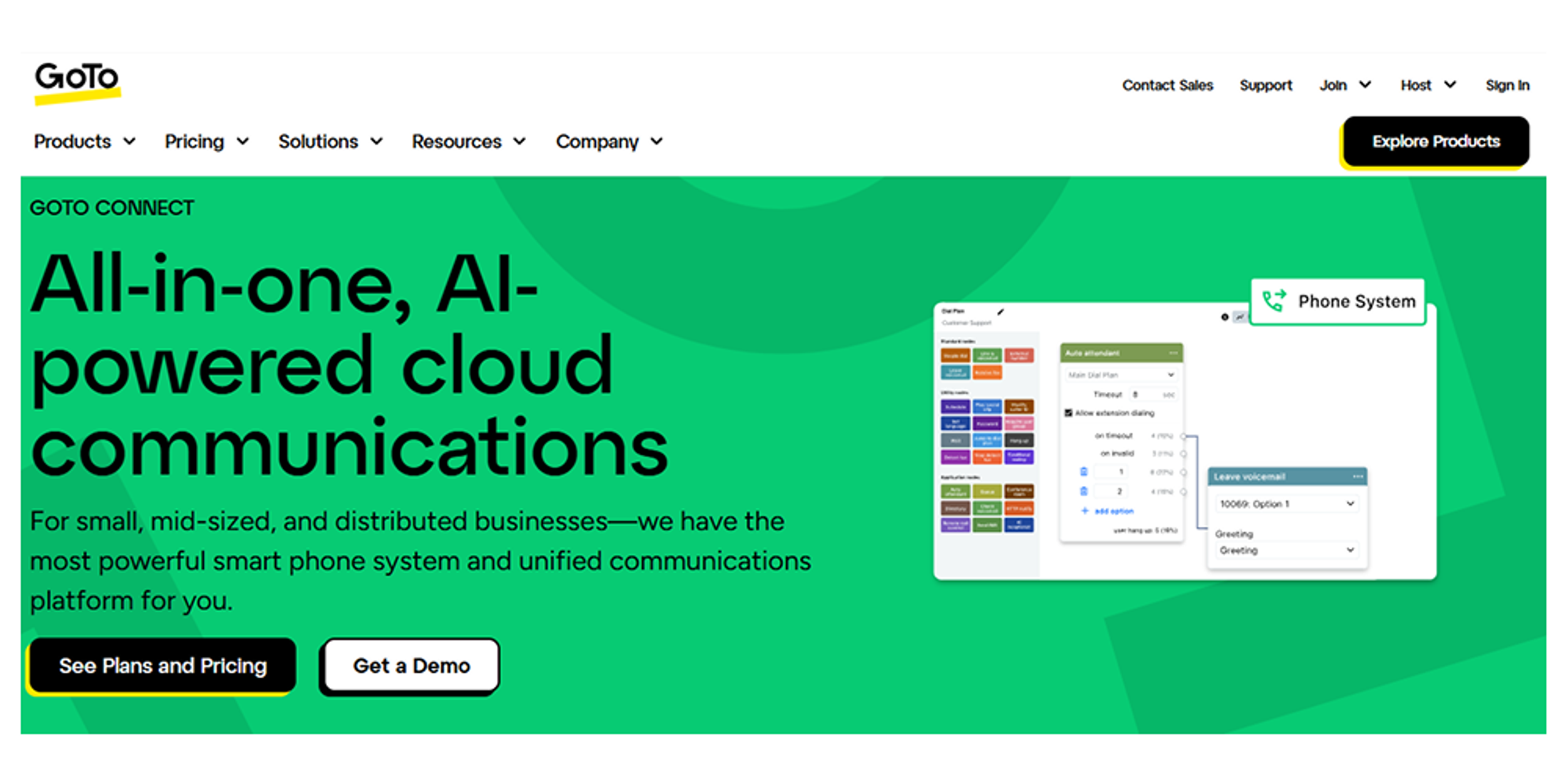 GoTo Connect homepage image showing AI-powered cloud communications, CX inbox preview, pricing CTA, and demo chat options.