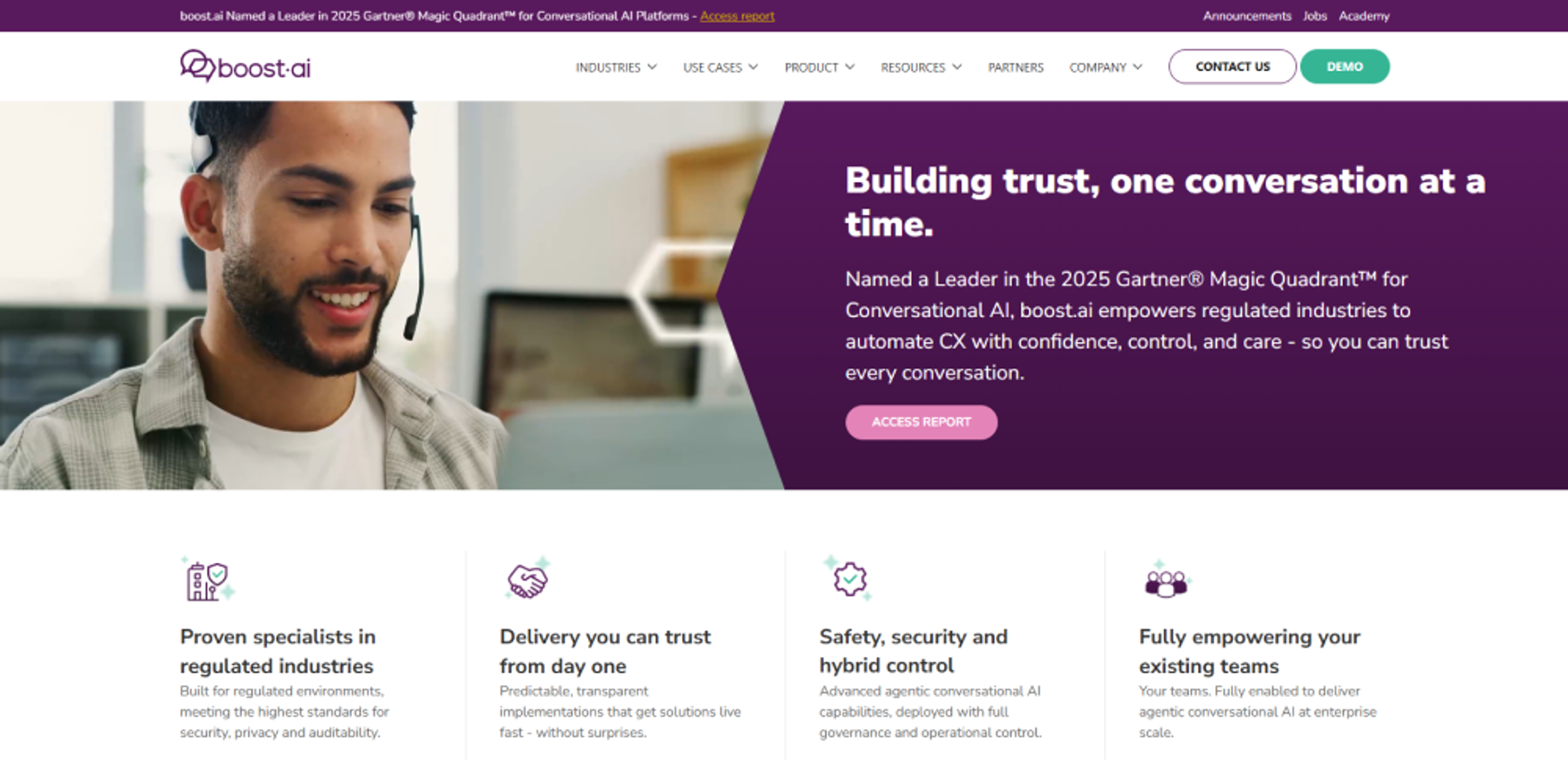 Screenshot of Boost.ai’s website used in a conversational AI platform comparison, showing its conversational AI and virtual agent platform for enterprise self-service.