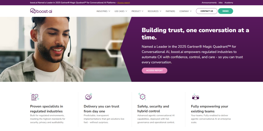 Screenshot of Boost.ai’s website used in a conversational AI platform comparison, showing its conversational AI and virtual agent platform for enterprise self-service.