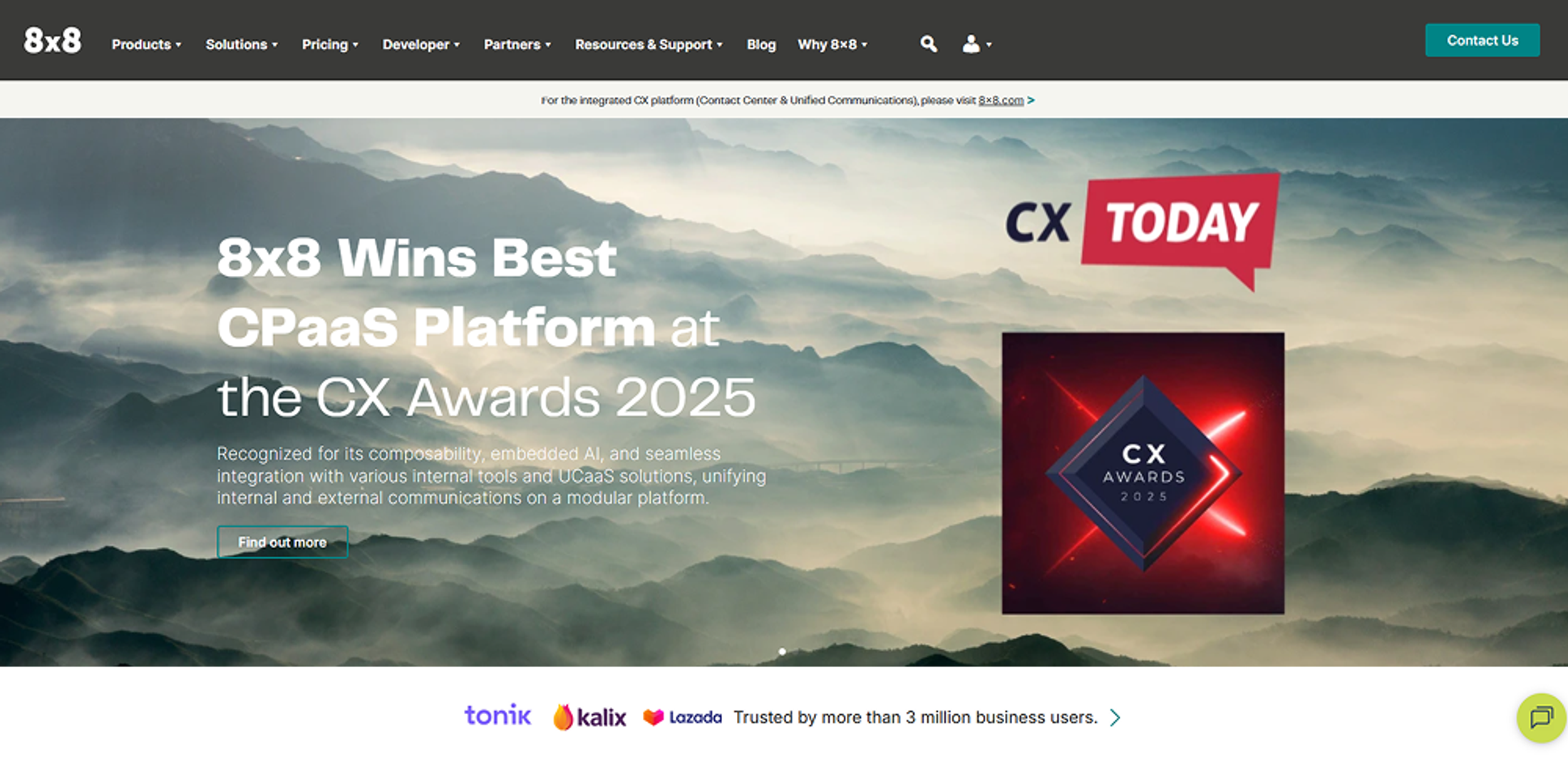 8x8 homepage showing CX Today award recognition for CPaaS platform, embedded AI, UCaaS integrations, and business trust signals.