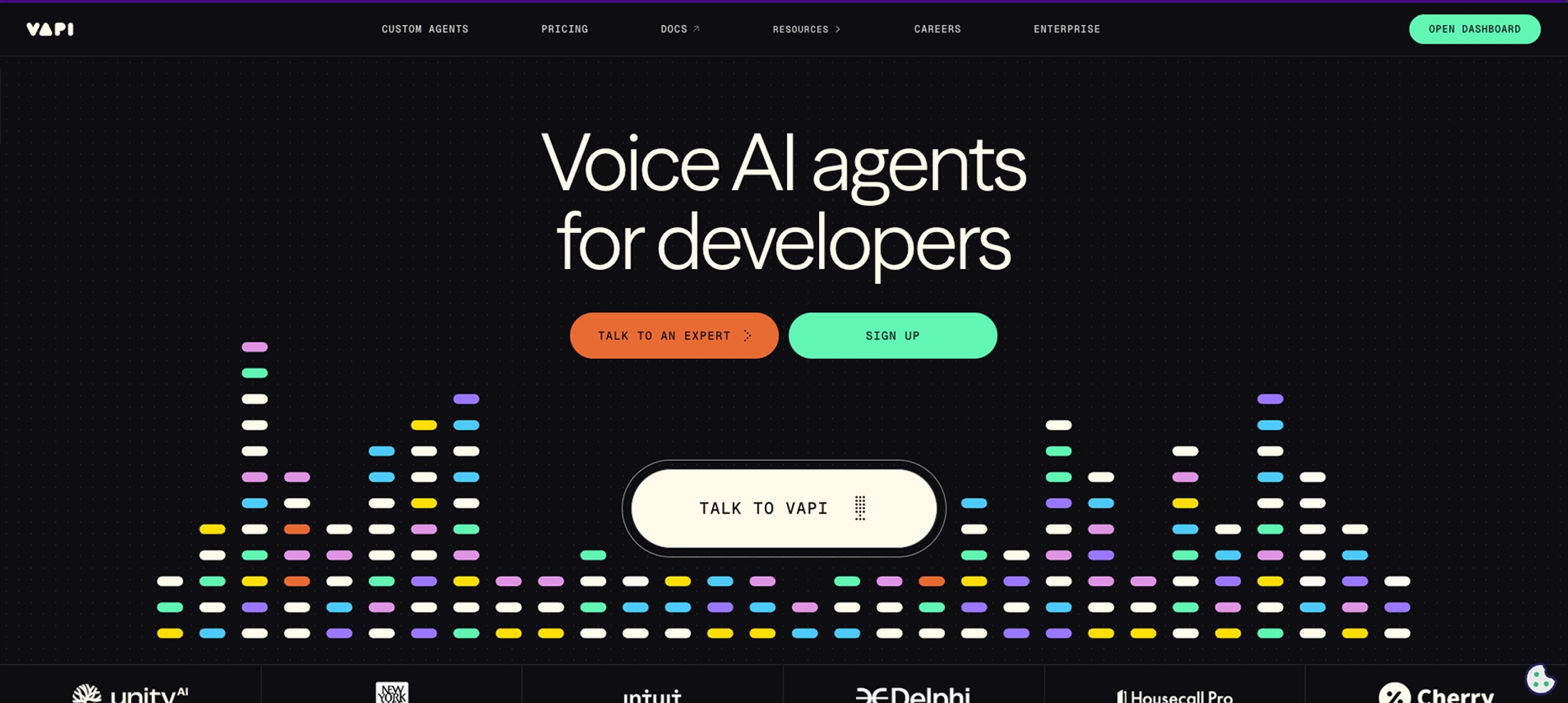 Vapi AI voice agent platform showing developer-focused voice AI tools, call automation infrastructure, and customizable conversational workflows for businesses.