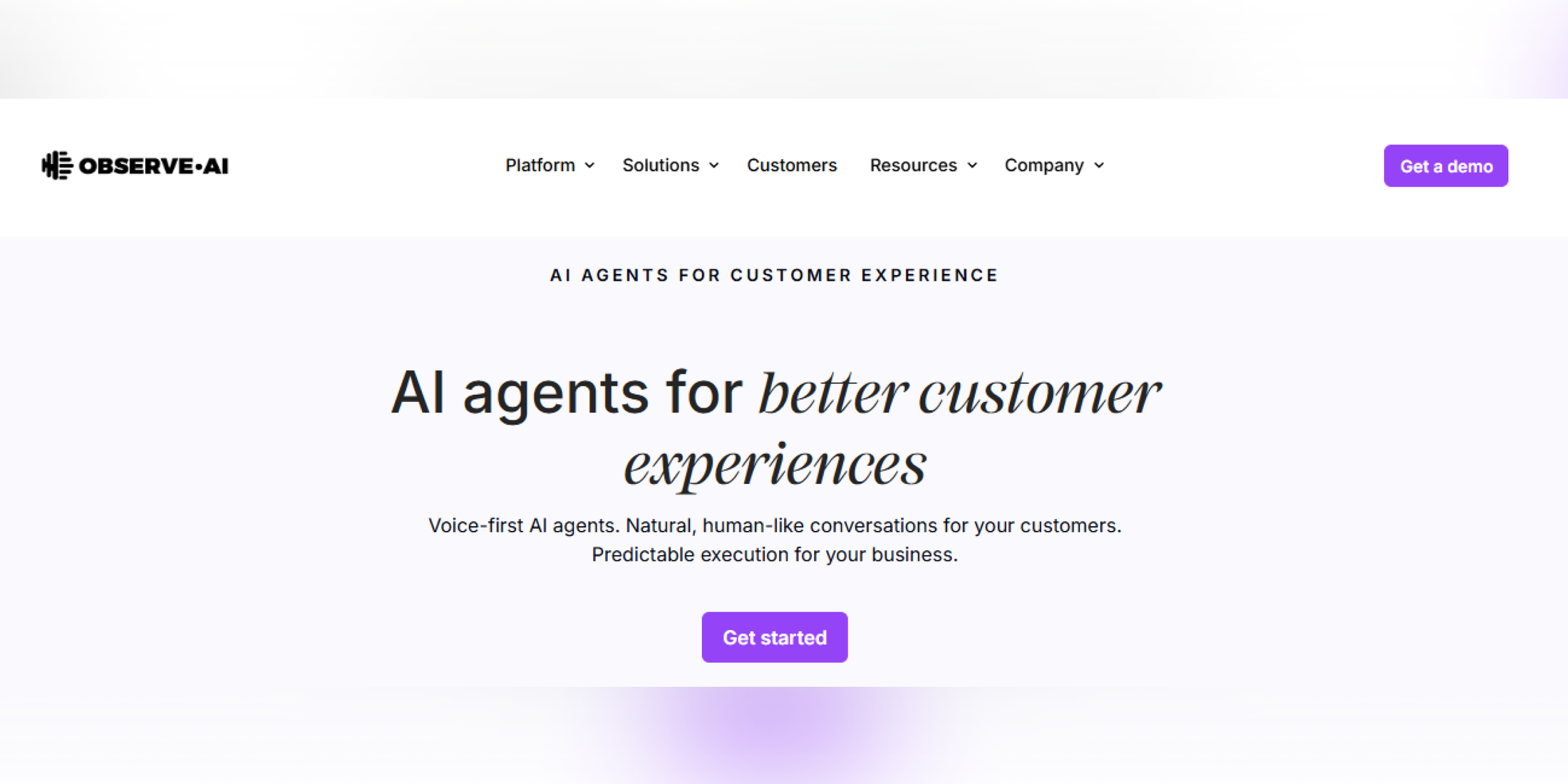 Observe.AI customer experience platform homepage focused on AI agents, conversational intelligence, and voice-first customer support automation.