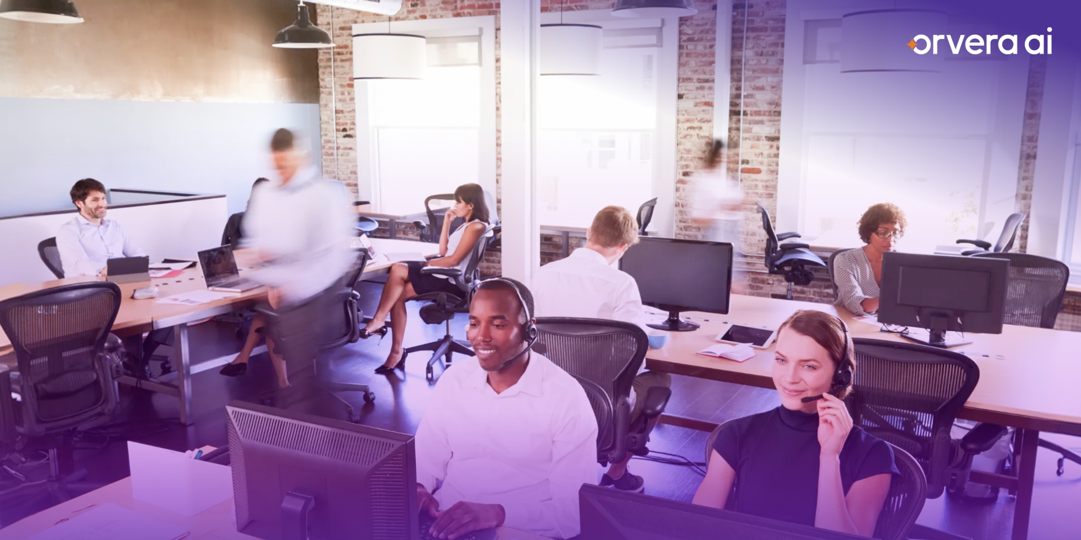 Orvera contact center team working in a modern customer support office with agents handling live calls and AI-powered customer service operations.