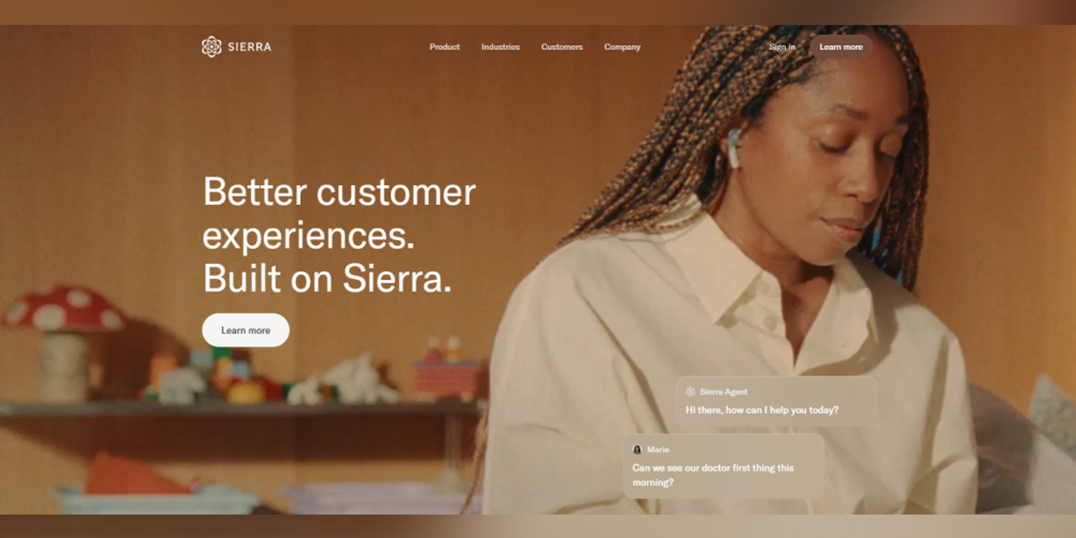 Sierra AI homepage screenshot showing enterprise conversational AI positioning, agent workflows, customer support, and automation focus.