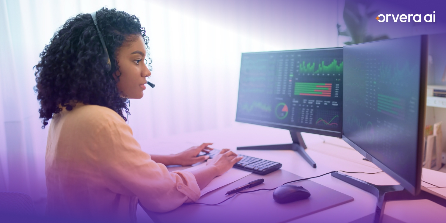 Orvera contact center analyst monitoring AI-powered customer service dashboards and performance analytics on multiple screens.