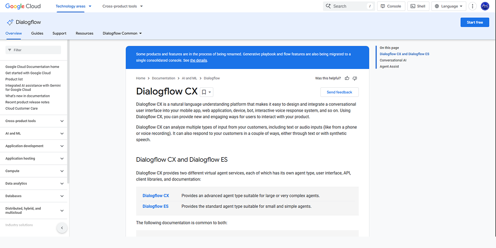 Screenshot of Google Dialogflow CX’s website used in a conversational AI platform comparison, showing Google Cloud tools for building complex conversational AI journeys.