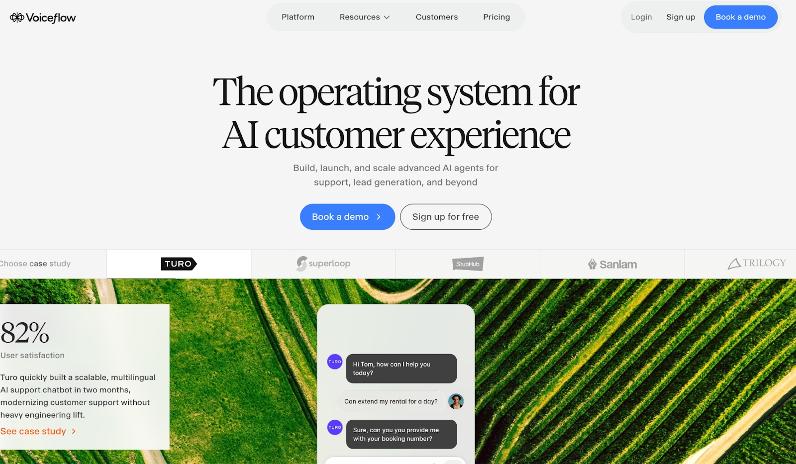 Voiceflow homepage screenshot showing visual conversational AI design tools for product teams, developers, and workflow builders.