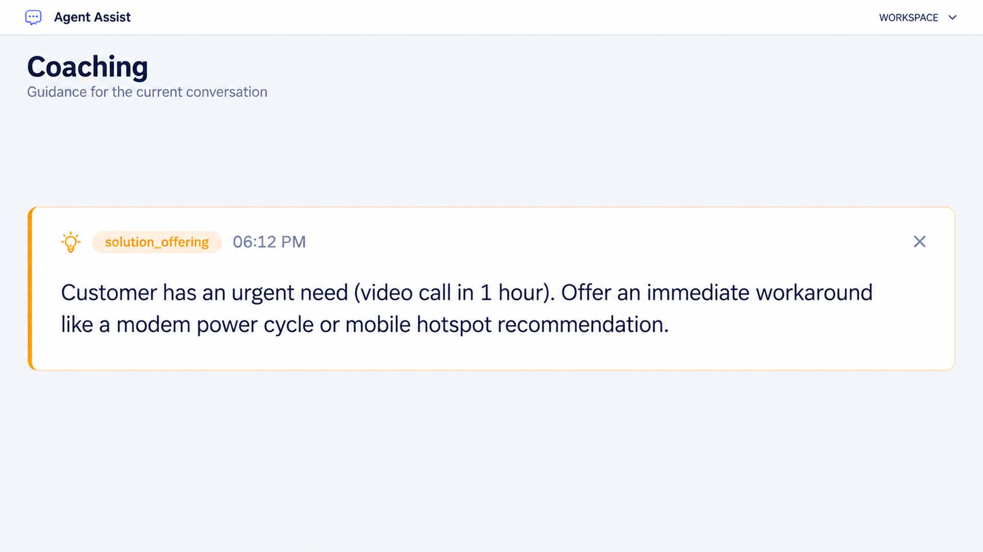 Orvera Agent Assist coaching prompt suggesting a modem restart or mobile hotspot for a customer with an urgent video call in one hour.
