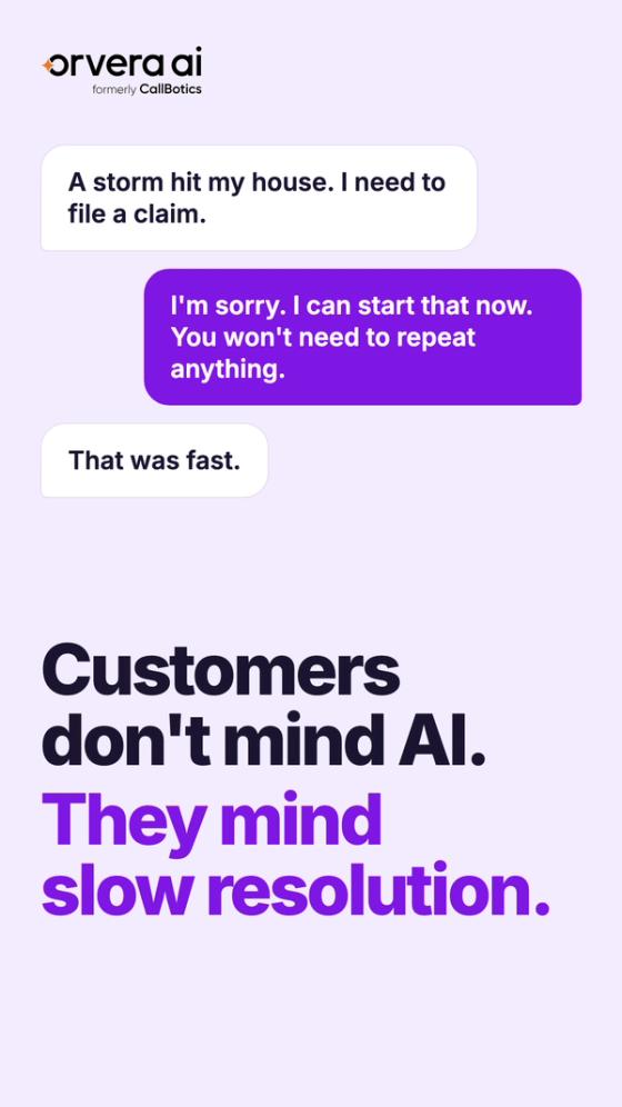 Vertical Orvera AI thumbnail with the headline "Customers don't mind AI. They mind slow resolution." and a chat thread about filing a storm damage claim.