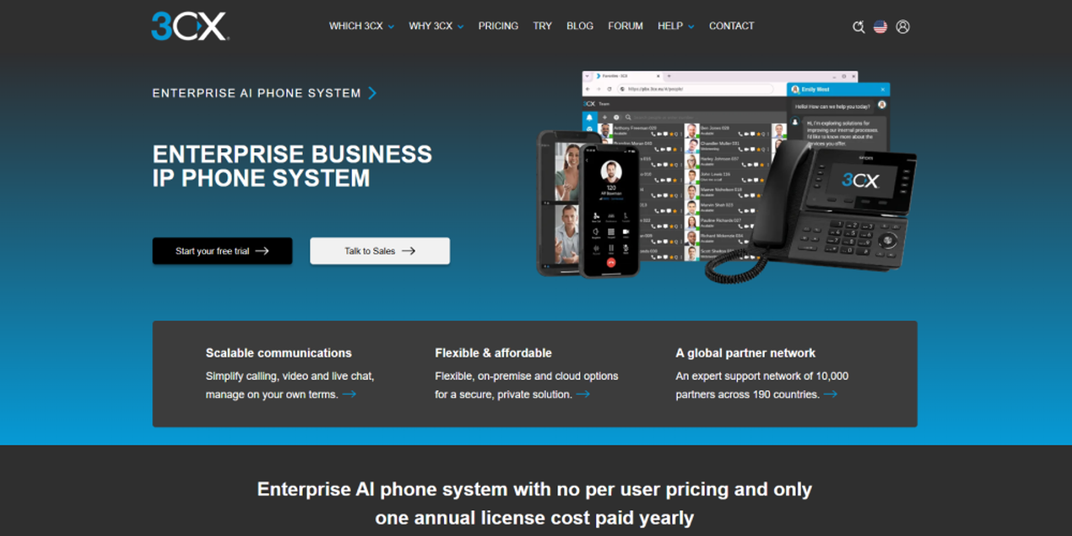 3CX homepage showing enterprise IP phone system messaging, free trial CTA, video calling, desk phone, and scalable communications features.