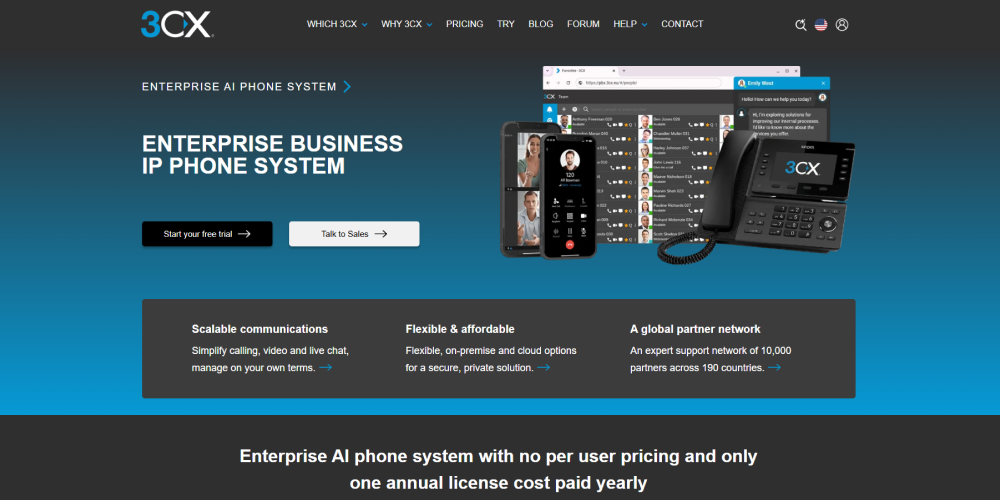3CX homepage showing enterprise IP phone system messaging, free trial CTA, video calling, desk phone, and scalable communications features.