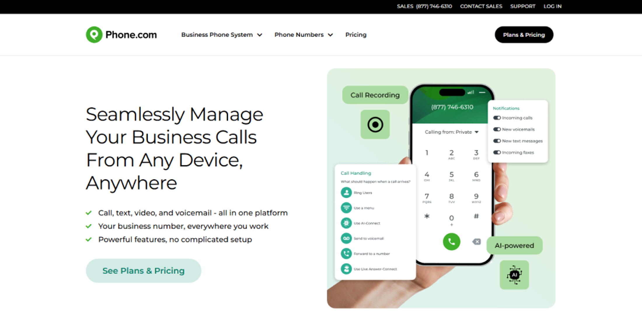Phone.com homepage showing business call management, mobile dialer, call recording, notifications, and AI-powered handling features.