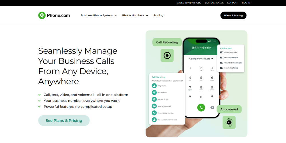 Phone.com homepage showing business call management, mobile dialer, call recording, notifications, and AI-powered handling features.