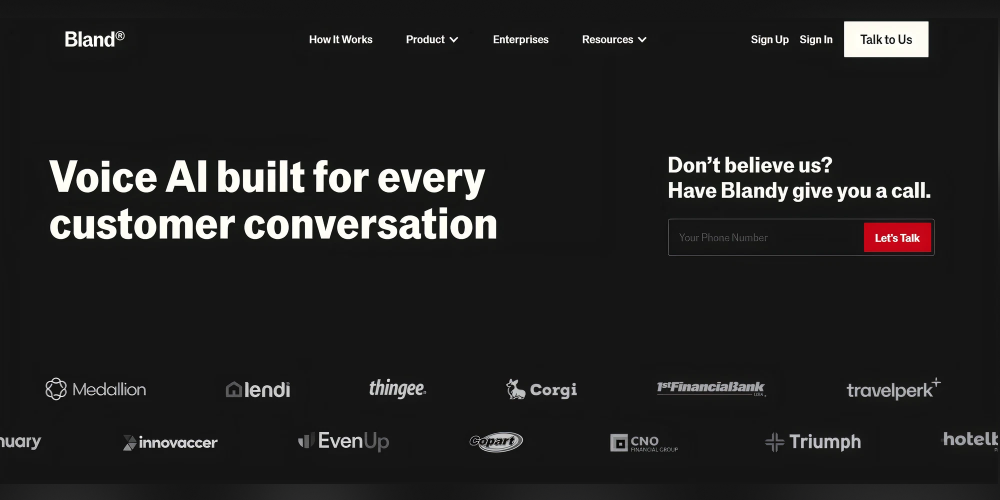 Bland AI homepage image showing voice AI for customer conversations, call request form, enterprise navigation, and customer logos.