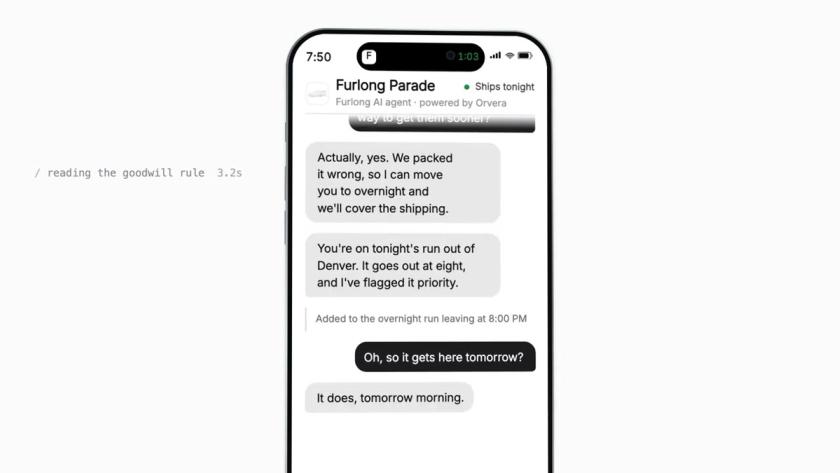 Phone screen showing a Furlong Parade chat in which an AI agent powered by Orvera moves a replacement pair of shoes to overnight shipping.