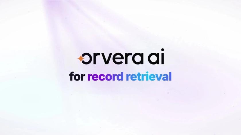 Orvera AI logo above the words "for record retrieval" on a soft white and lilac background.